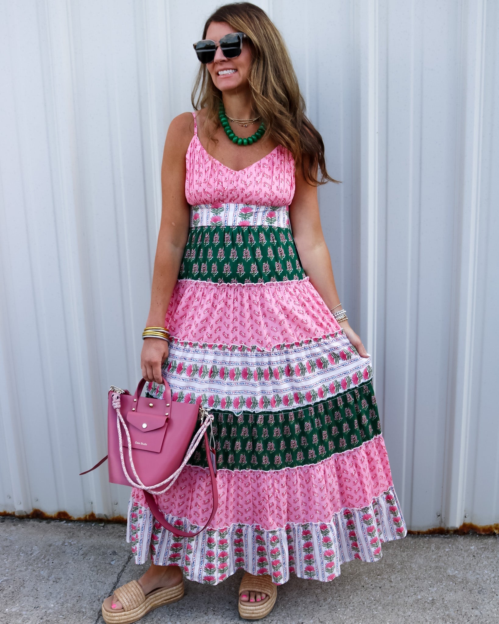 summertime maxi dresses Patchwork Midi Dress PINK/GREEN / Medium Color:Green # Long Sleeve fitting feel Harley Quinn Black Calfskin Leather Lace