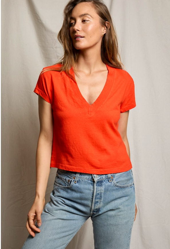 Perfect White Tee recycled cotton V-neck tee in a relaxed fit, showcasing a casual style and soft fabric texture.