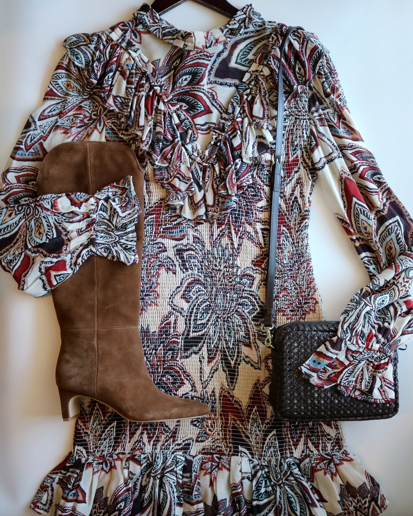 Tapestry Flowers Beige Long Sleeves Mini Dress - Olive You BoutiqueFARM RIO233353360493