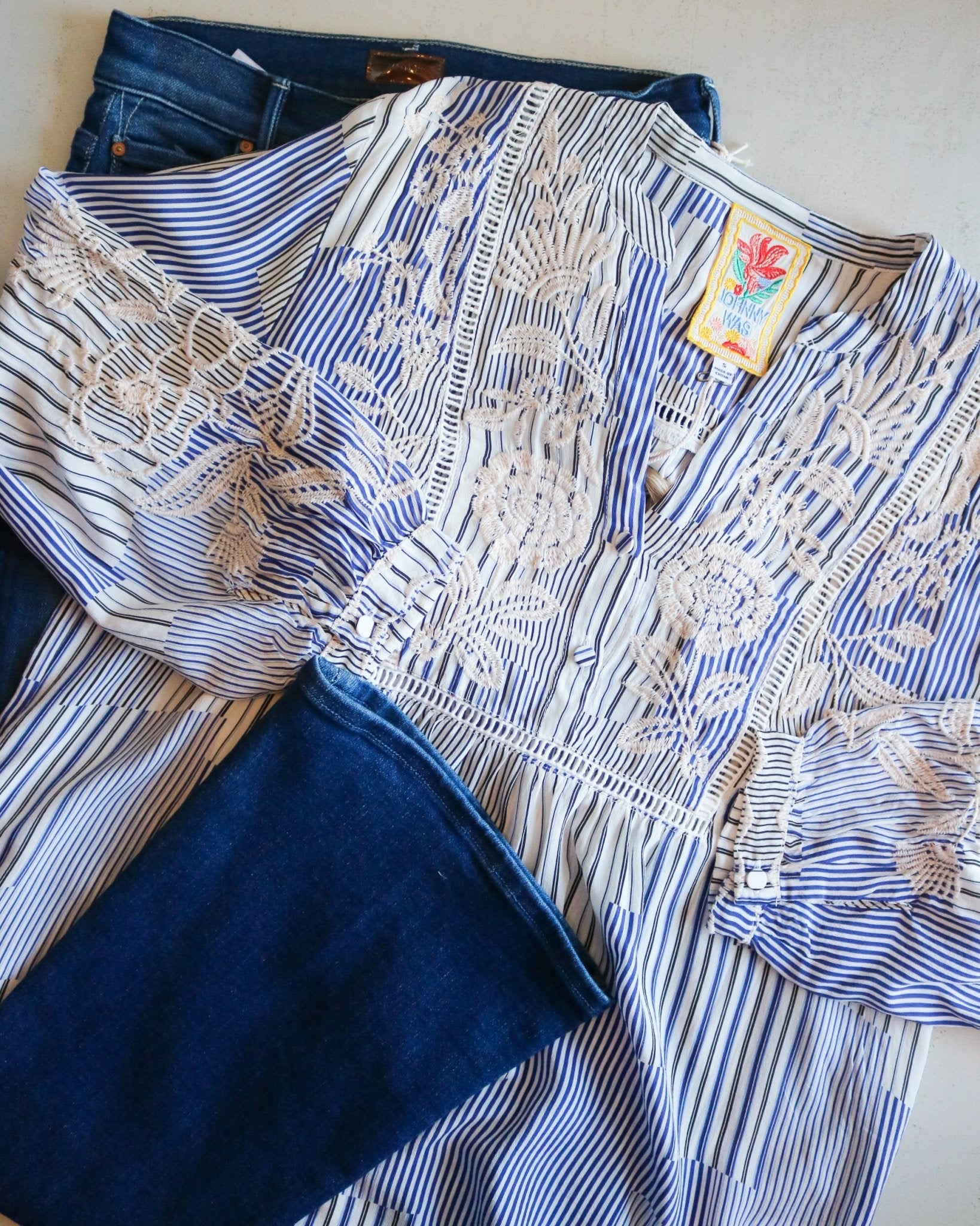 Henley Yoke Floral Striped Blouse - Olive You BoutiqueJOHNNY WAS COLLECTION227706W18226-1