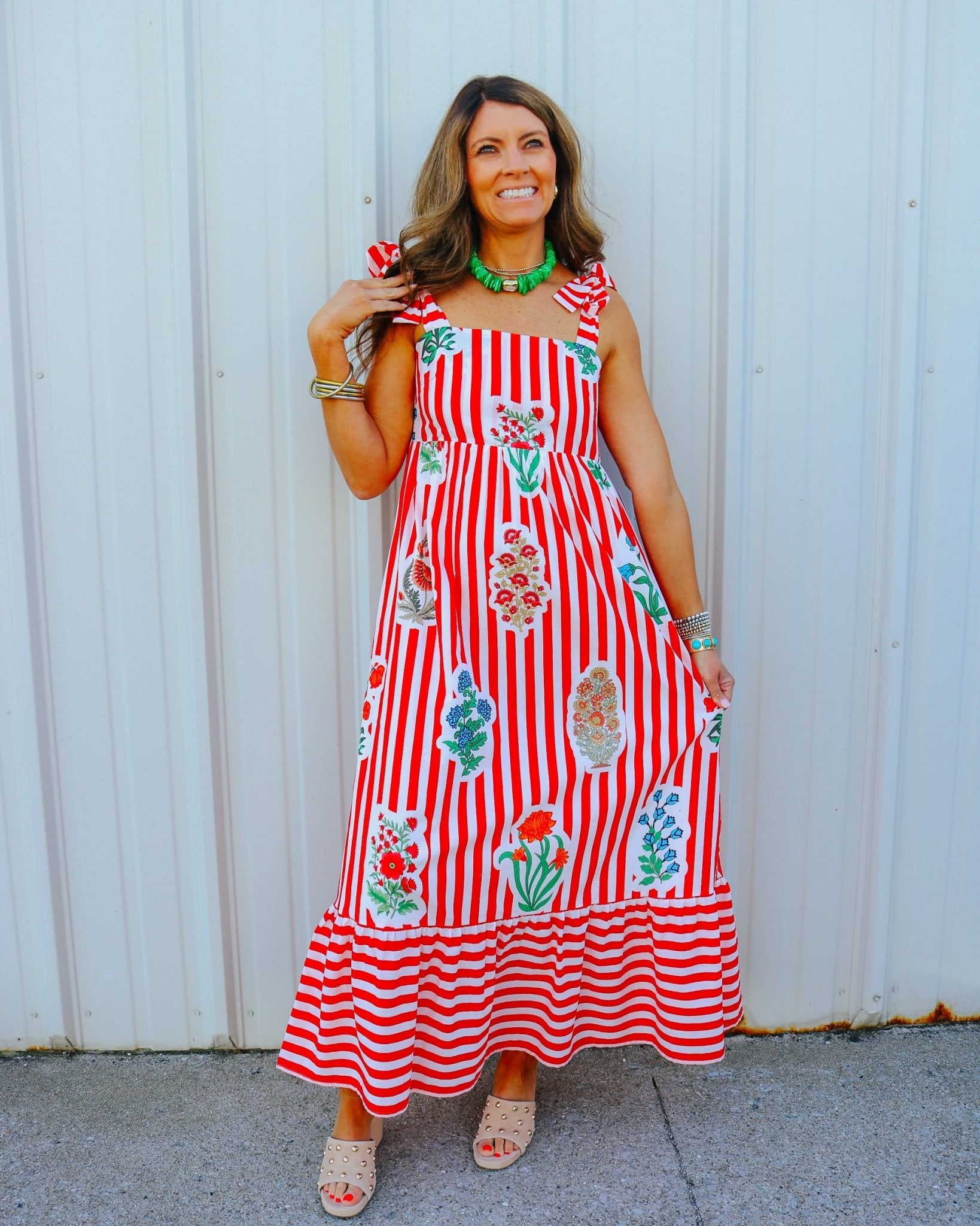 Candy Stripe Floral Tie Dress - Olive You BoutiqueTHML232496TDM1079