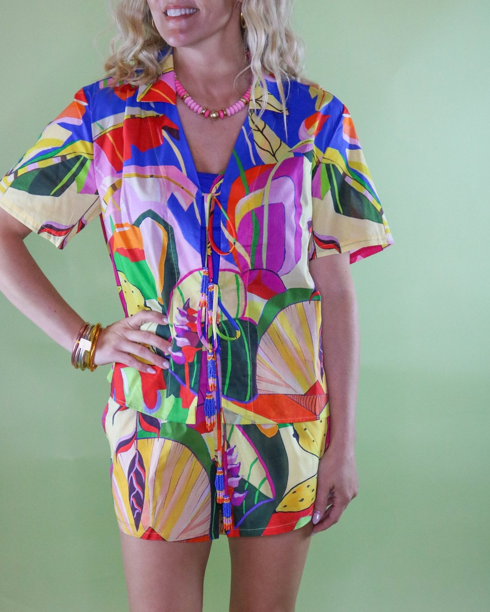 Tropical Print Multicolored Tie Blouse - Olive You BoutiqueFARM RIO227435260212004
