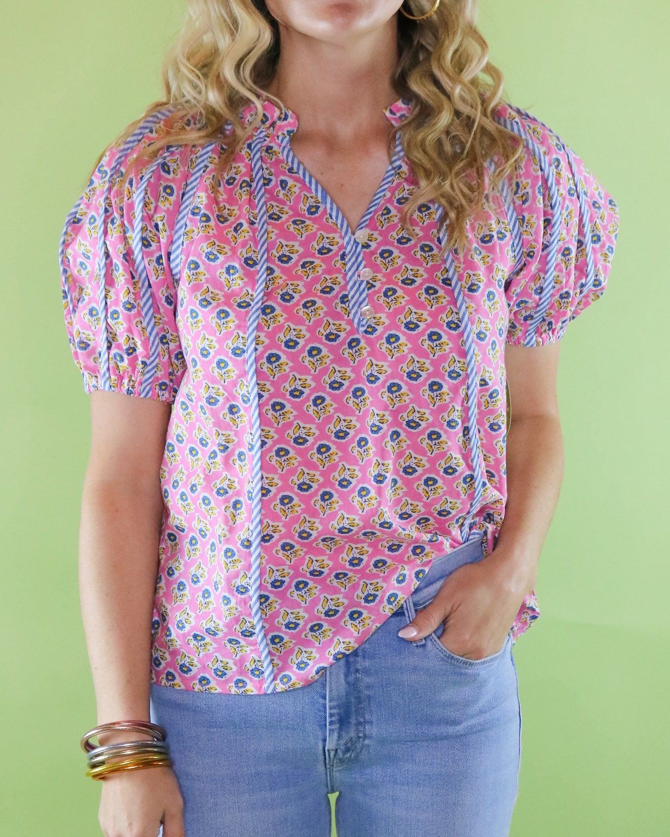 Striped Trim Floral Blouse - Olive You BoutiqueIVY JANE230655650457