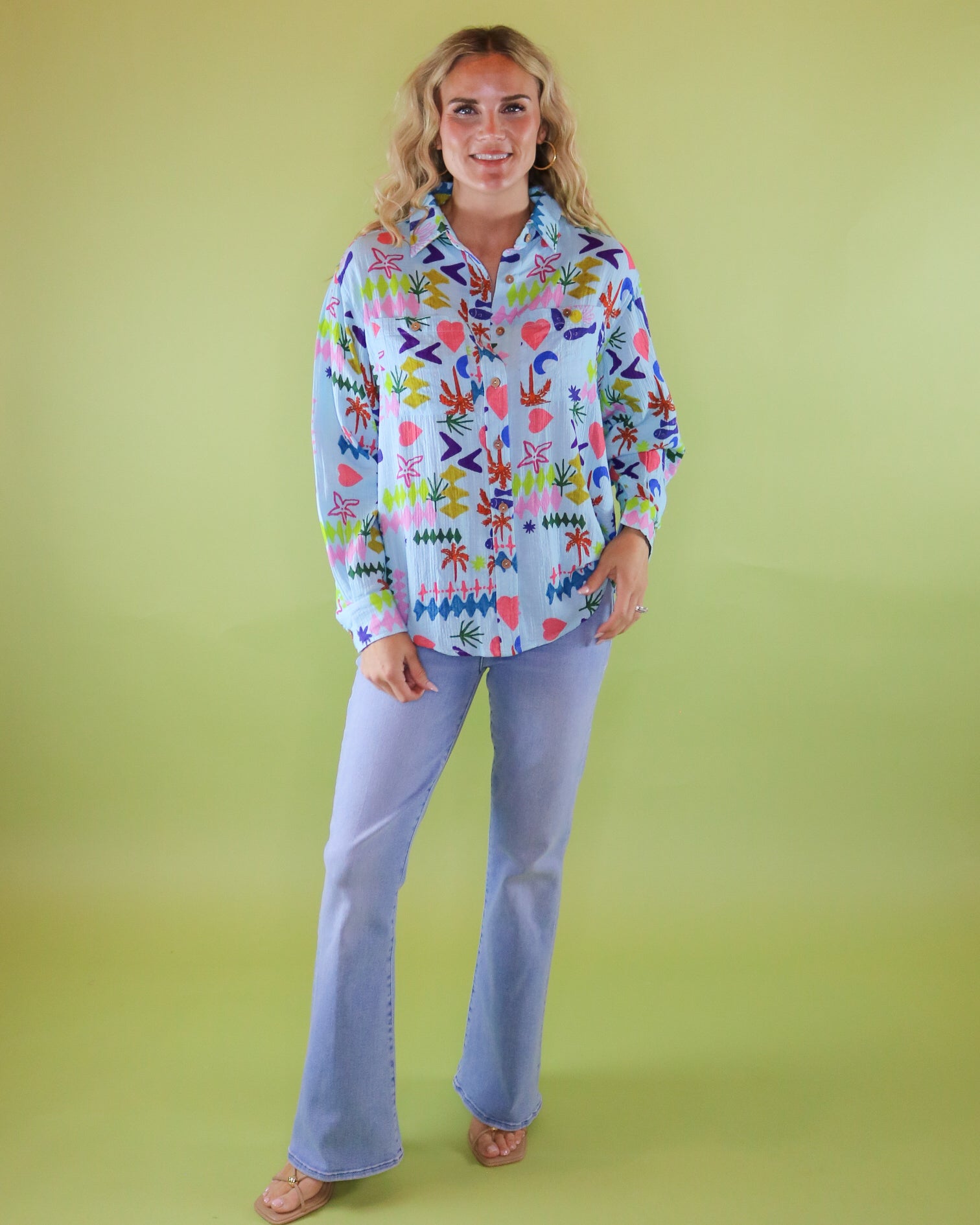 Heart Beach Print Button Up Blouse - Olive You BoutiqueIVY JANE230666650456