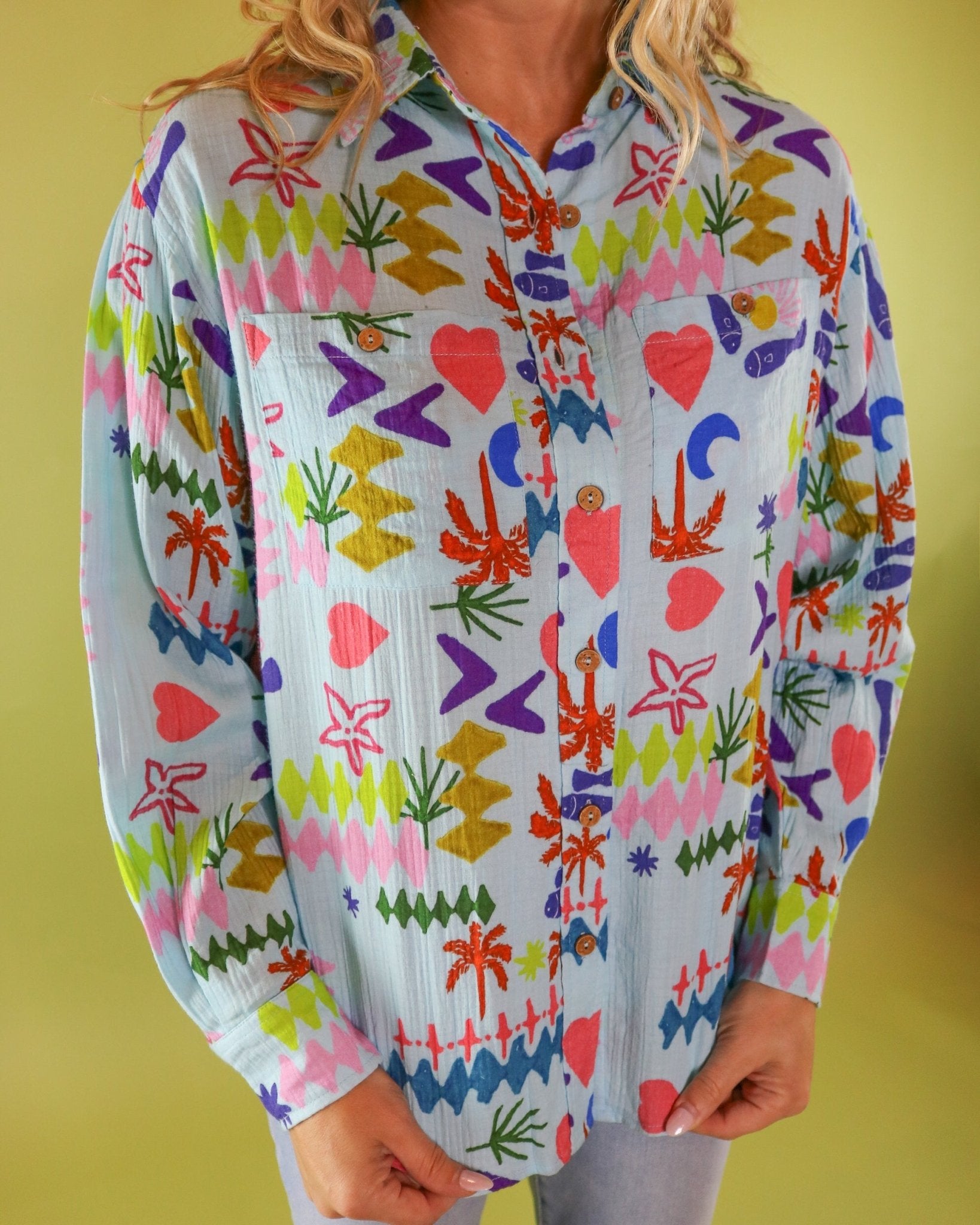 Heart Beach Print Button Up Blouse - Olive You BoutiqueIVY JANE230666650456