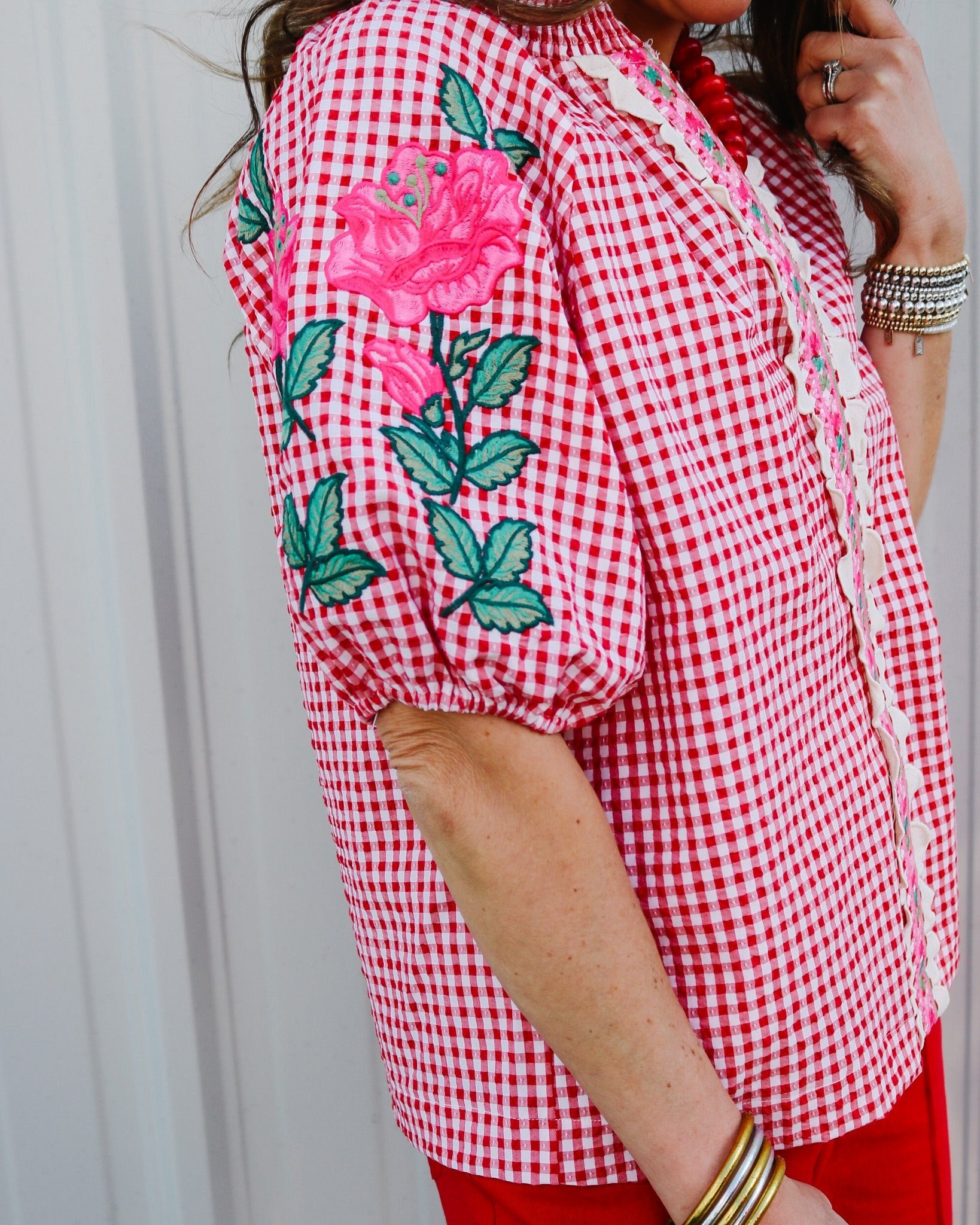 Rosy Gingham Embroidered Blouse - Olive You BoutiqueTHML231402WCT3616-1