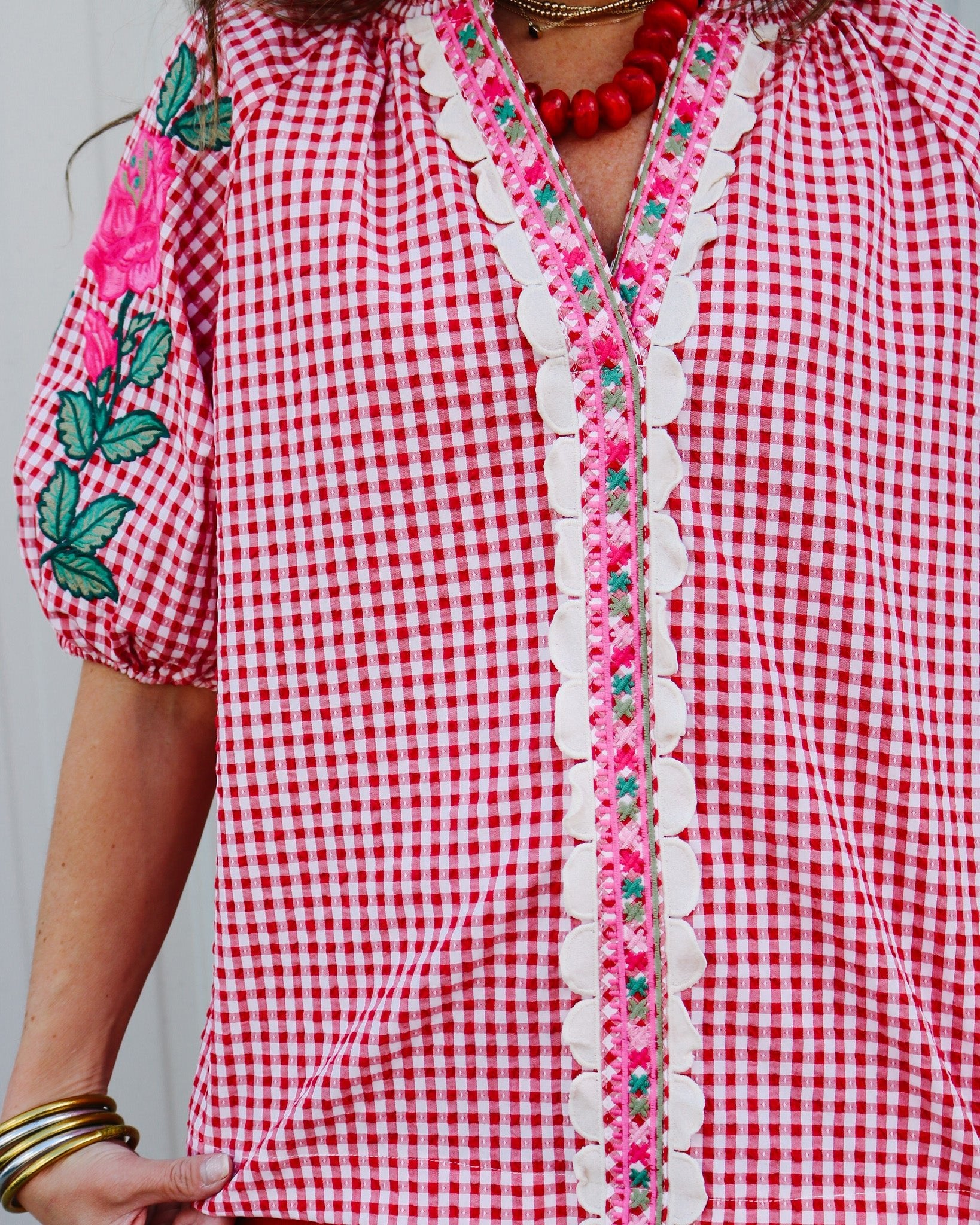 Rosy Gingham Embroidered Blouse - Olive You BoutiqueTHML231402WCT3616-1