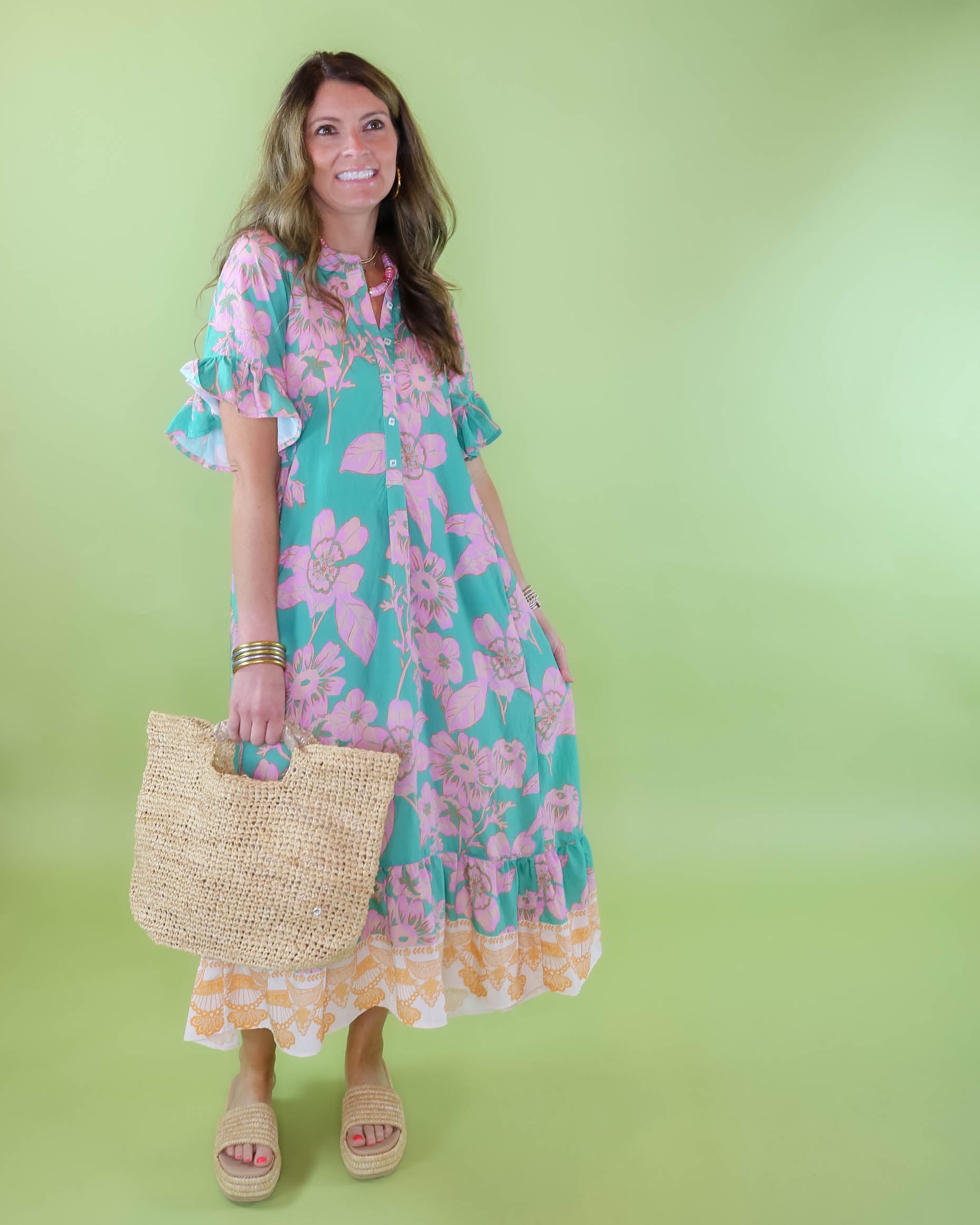 Ruffle Sleeve Floral Midi Dress - Olive You BoutiqueUNCLE FRANK23068275729