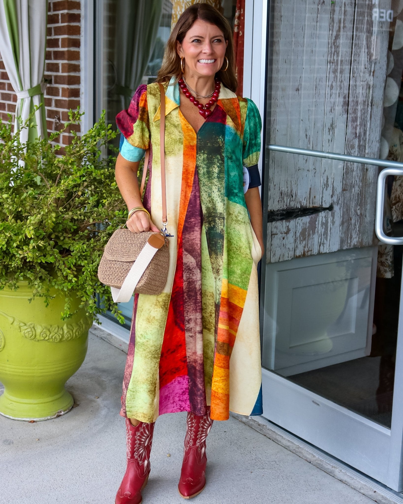 Abstract Stripe V-Neck Midi Dress - Olive You BoutiqueLIOR233031Amber-28