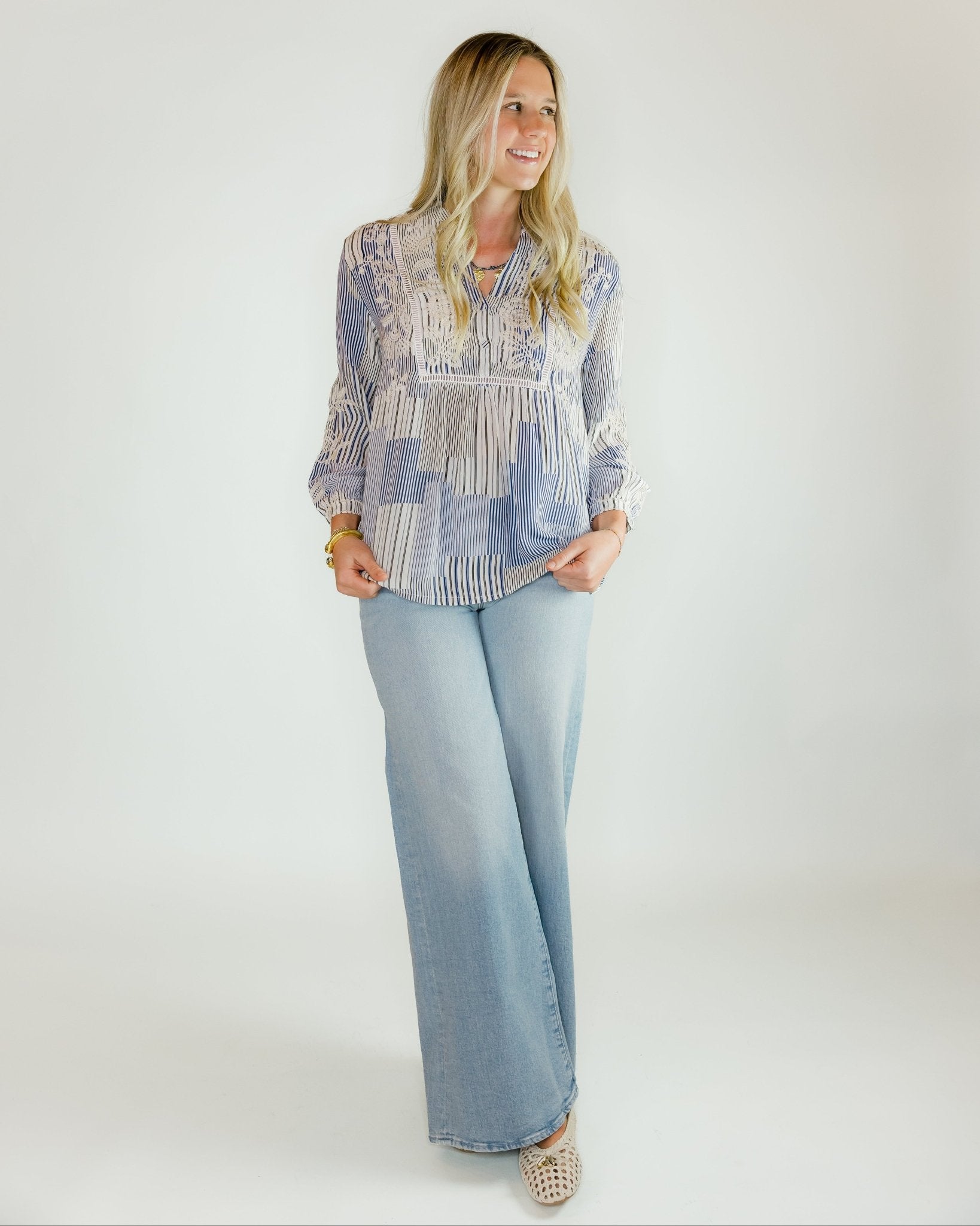 Henley Yoke Floral Striped Blouse - Olive You BoutiqueJOHNNY WAS COLLECTION227706W18226-1
