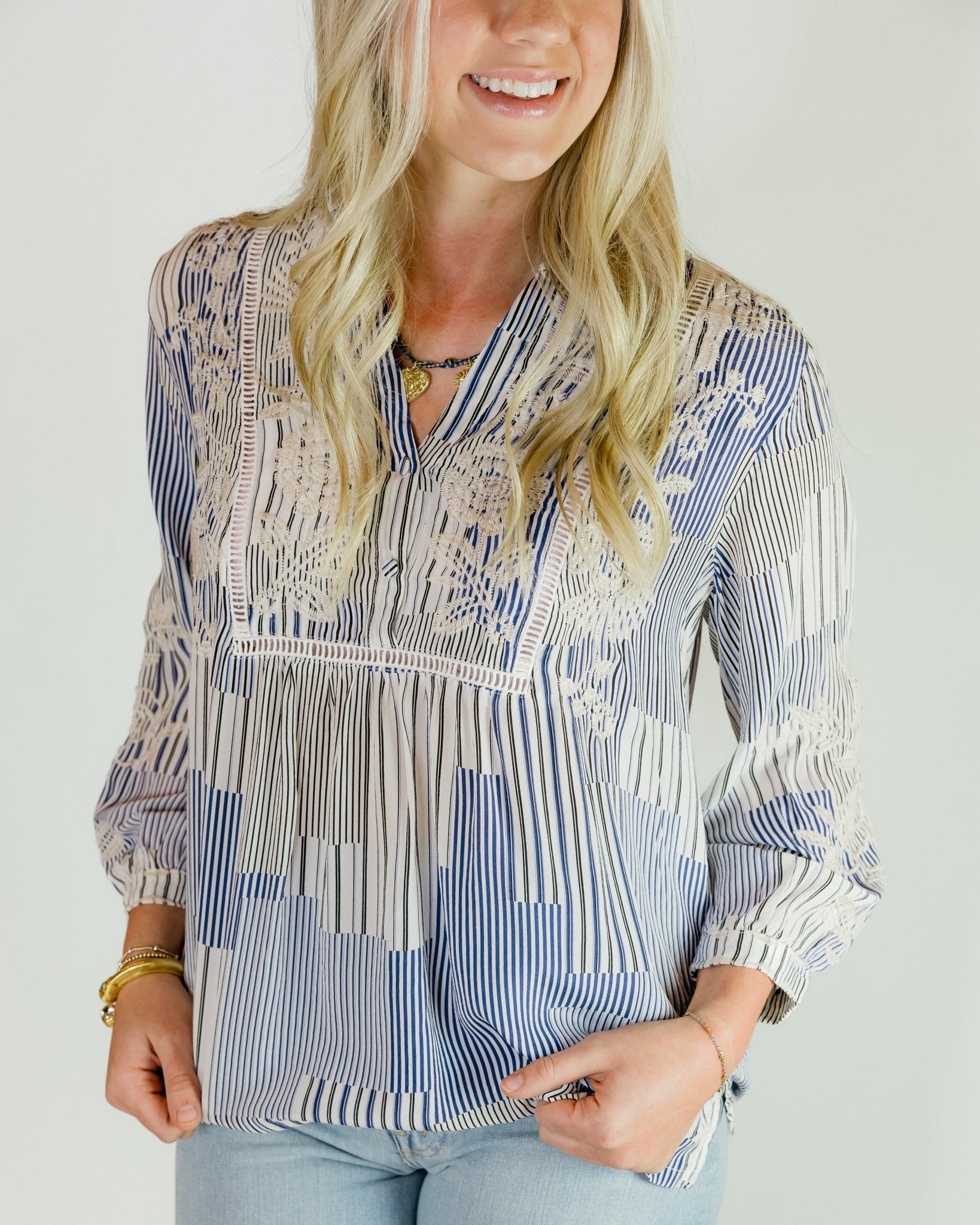 Henley Yoke Floral Striped Blouse - Olive You BoutiqueJOHNNY WAS COLLECTION227706W18226-1