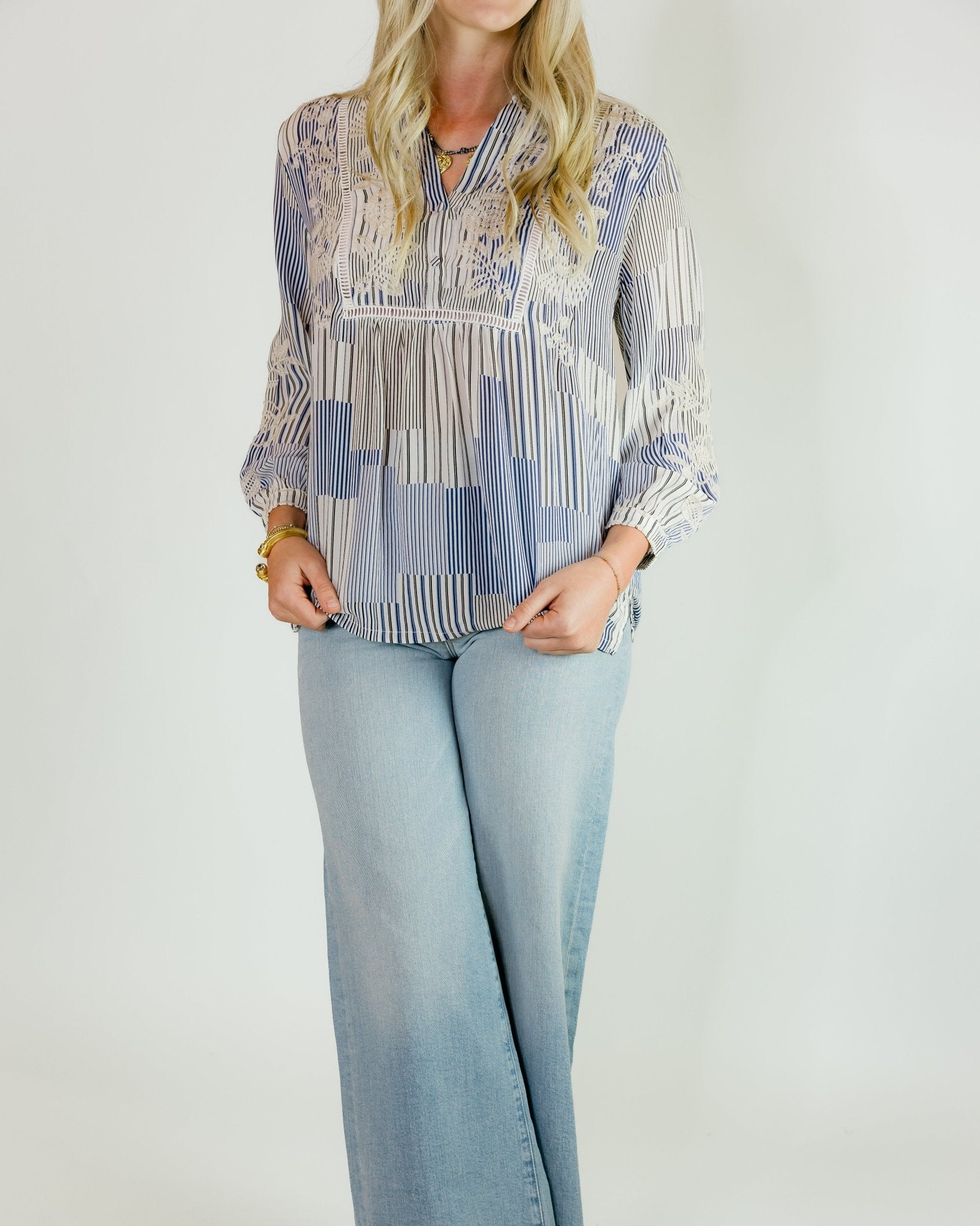 Henley Yoke Floral Striped Blouse - Olive You BoutiqueJOHNNY WAS COLLECTION227706W18226-1