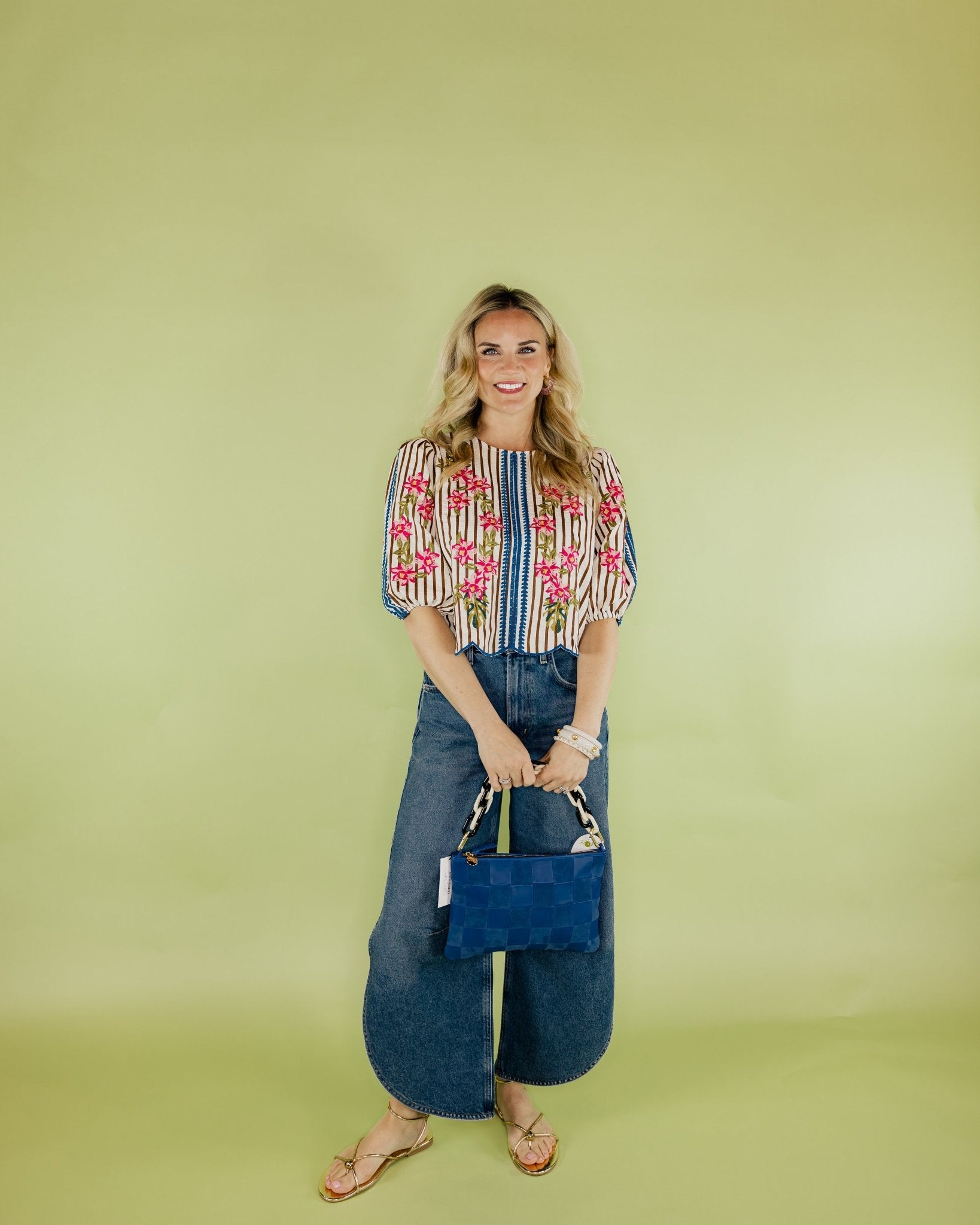 Puff Sleeve Striped Embroidery Blouse - Olive You BoutiqueOlive You231394