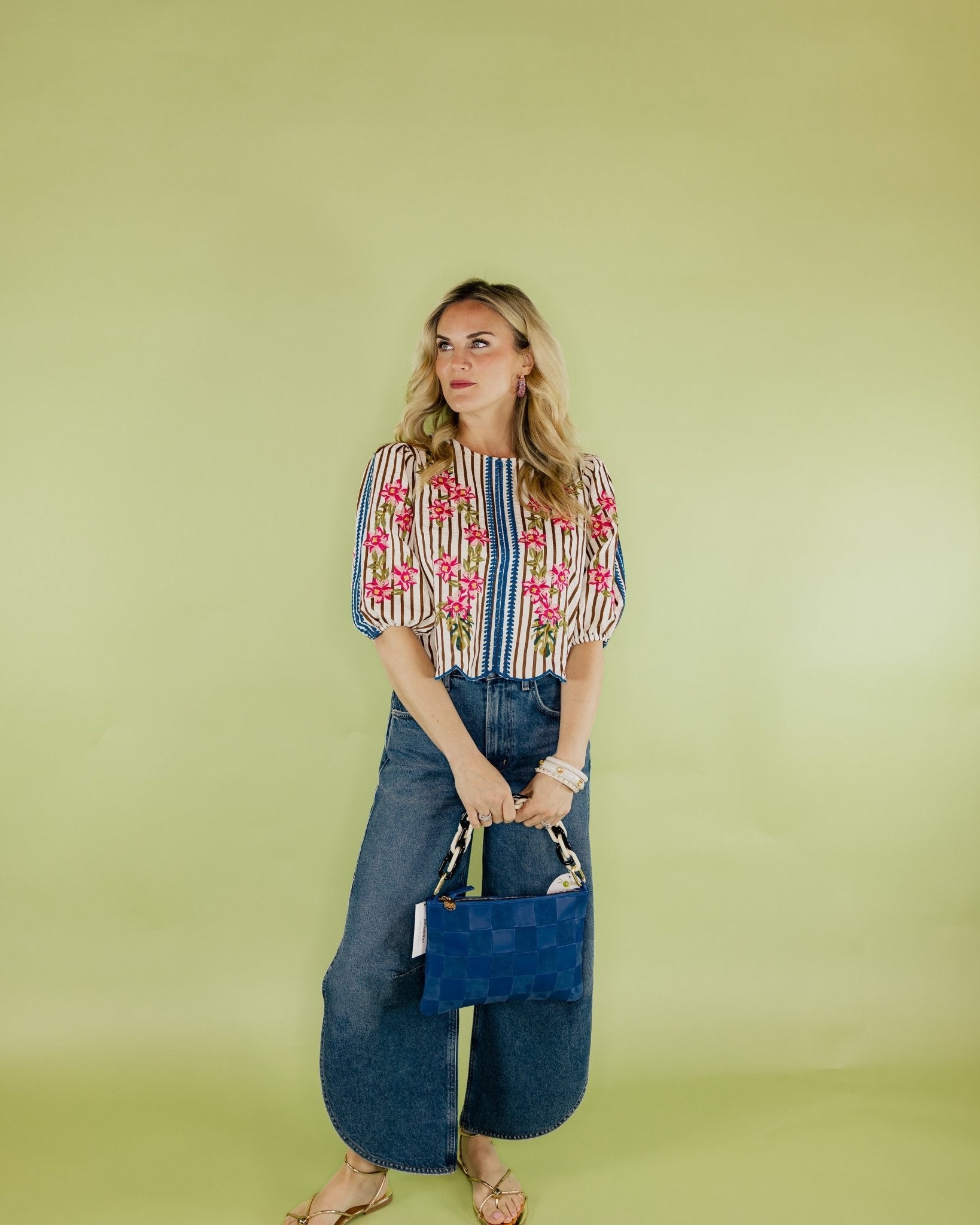 Puff Sleeve Striped Embroidery Blouse - Olive You BoutiqueOlive You231394