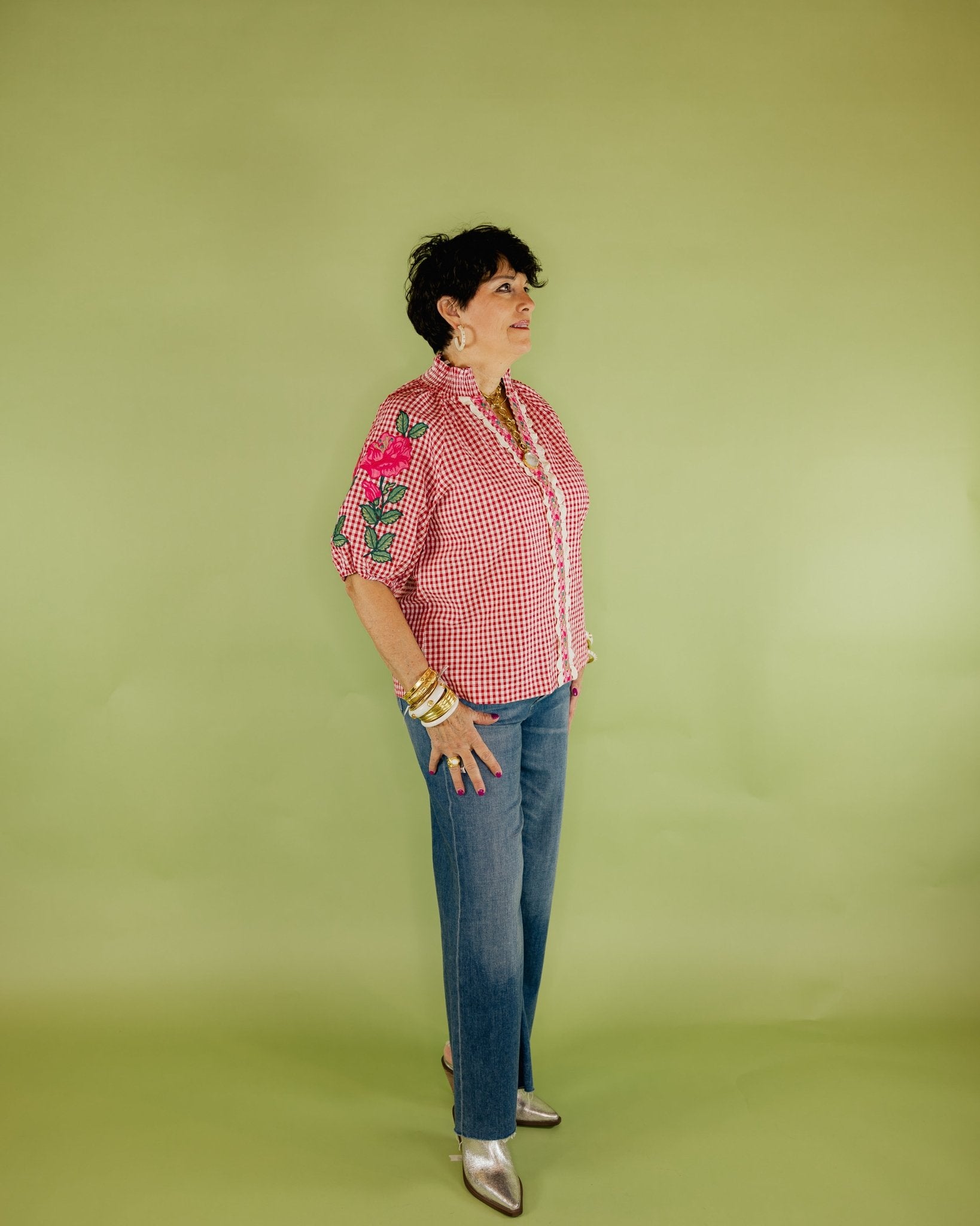 Rosy Gingham Embroidered Blouse - Olive You BoutiqueTHML231402WCT3616-1
