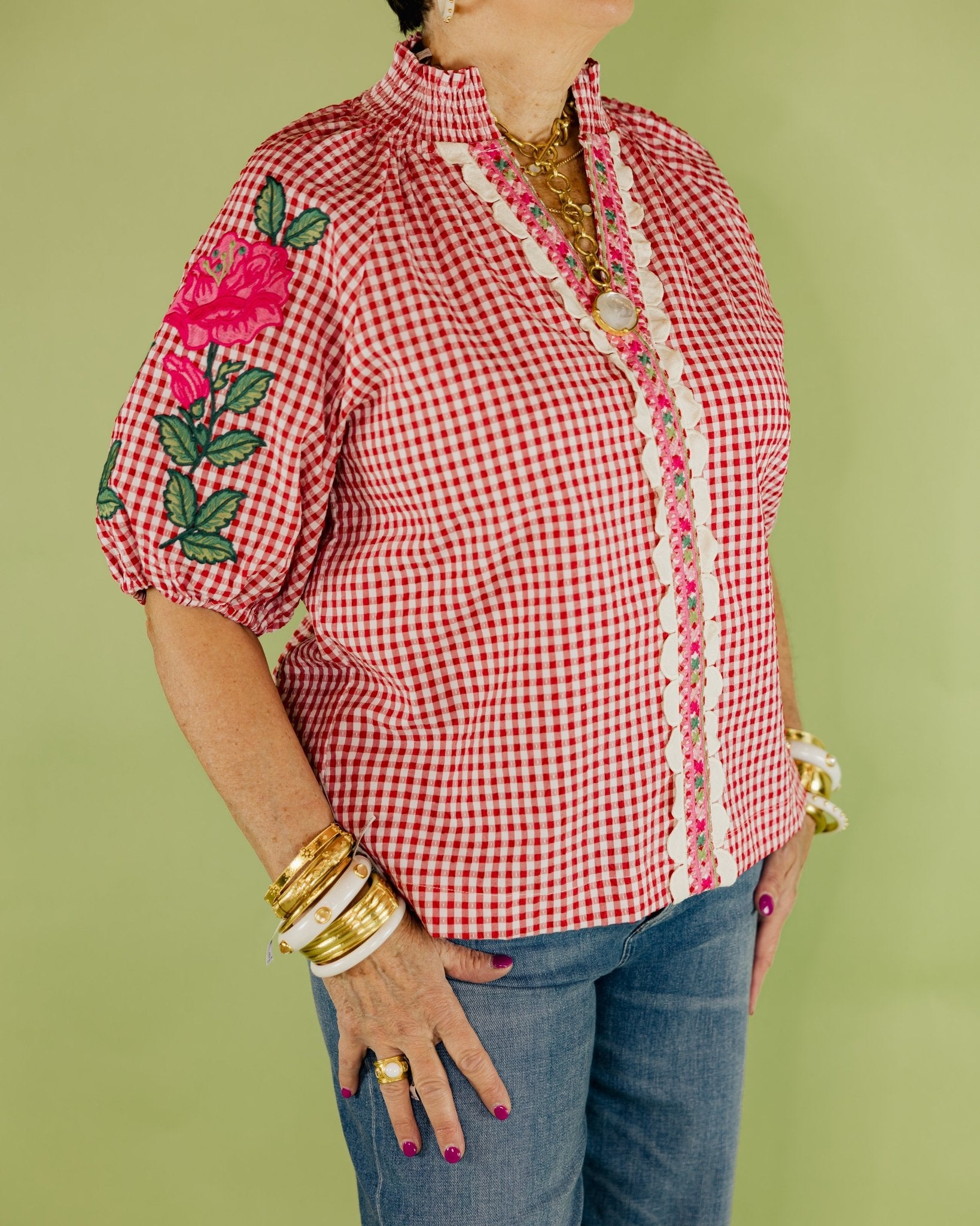 Rosy Gingham Embroidered Blouse - Olive You BoutiqueTHML231402WCT3616-1