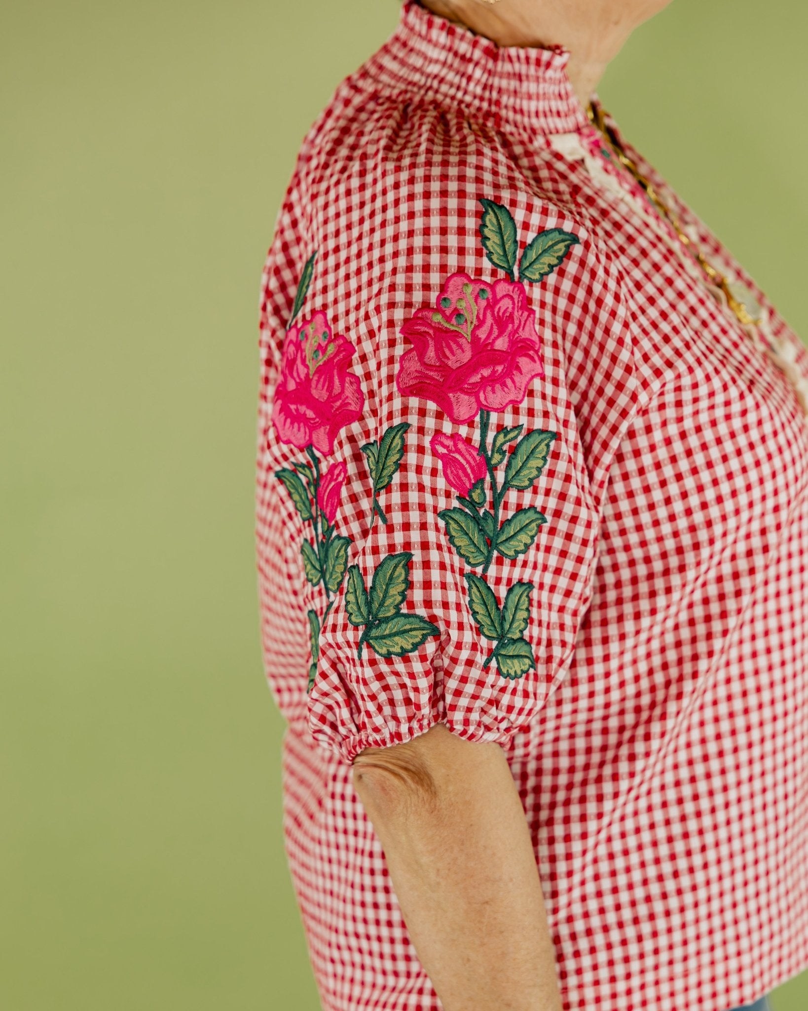 Rosy Gingham Embroidered Blouse - Olive You BoutiqueTHML231402WCT3616-1