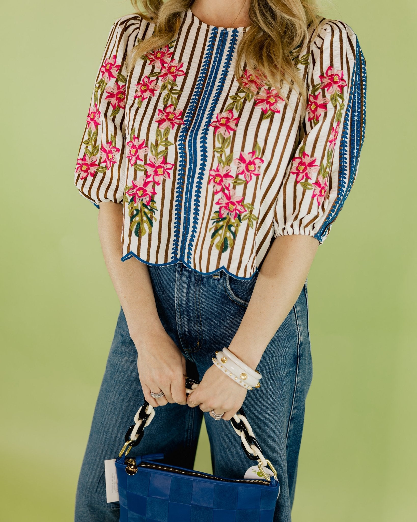 Puff Sleeve Striped Embroidery Blouse - Olive You BoutiqueOlive You231394