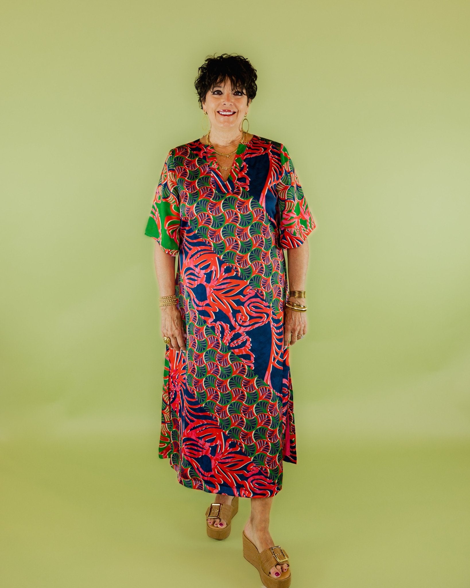 Silk V - Neck Long Geometric Dress - Olive You BoutiqueALDEN ADAIR228185