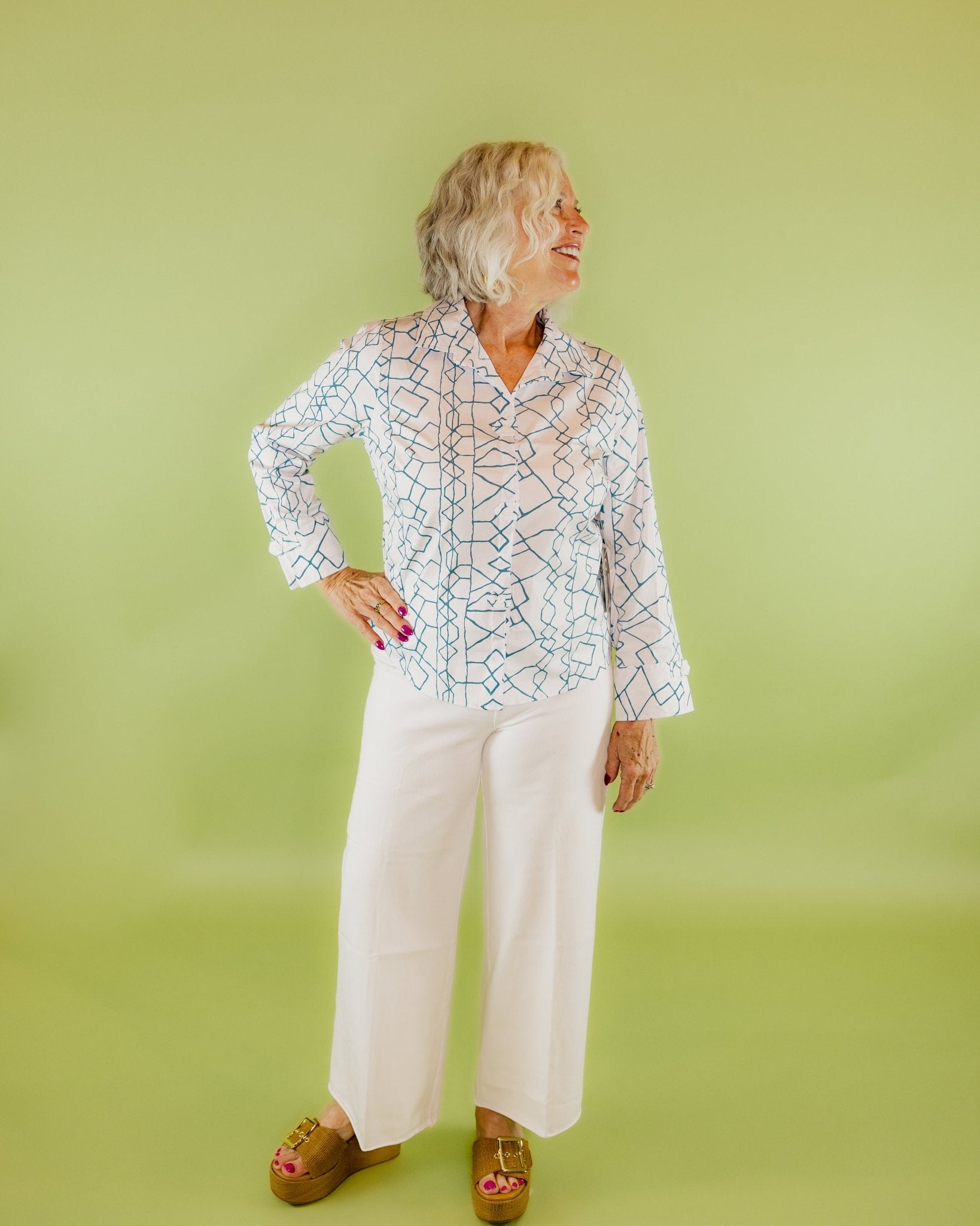 Collar Print Tab Front Detail Shirt - Olive You BoutiqueHABITAT230447