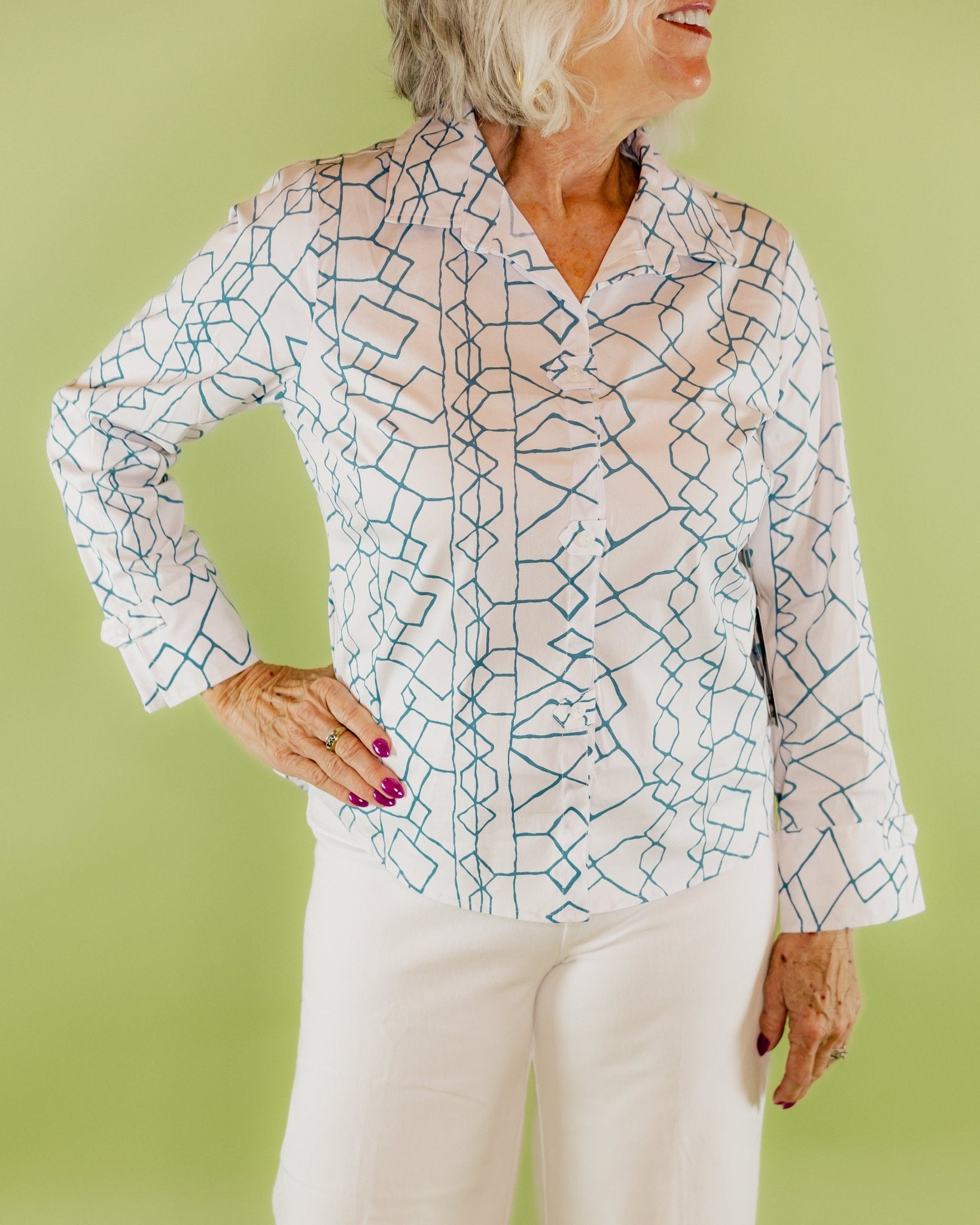 Collar Print Tab Front Detail Shirt - Olive You BoutiqueHABITAT230447