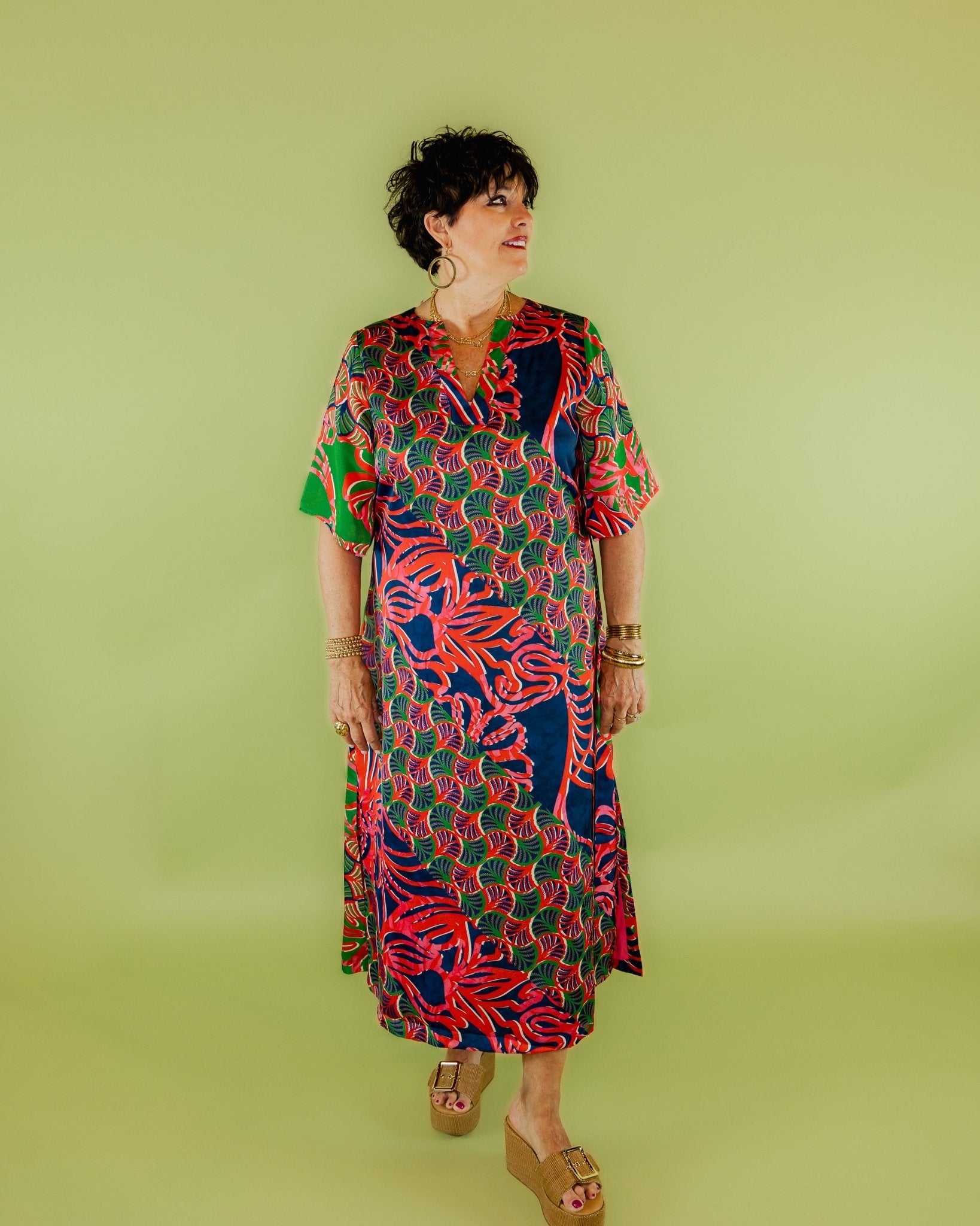 Silk V - Neck Long Geometric Dress - Olive You BoutiqueALDEN ADAIR228185