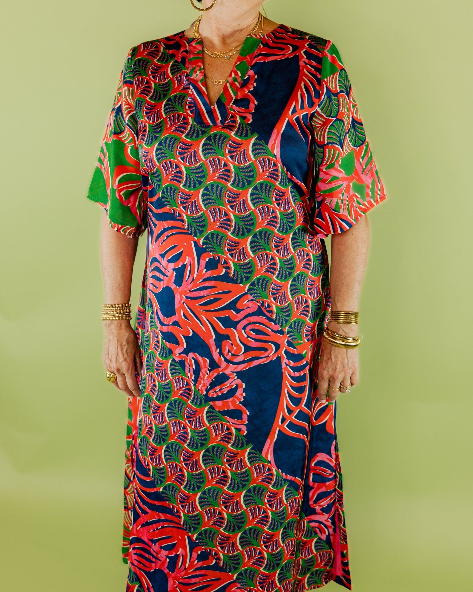 Silk V - Neck Long Geometric Dress - Olive You BoutiqueALDEN ADAIR228185