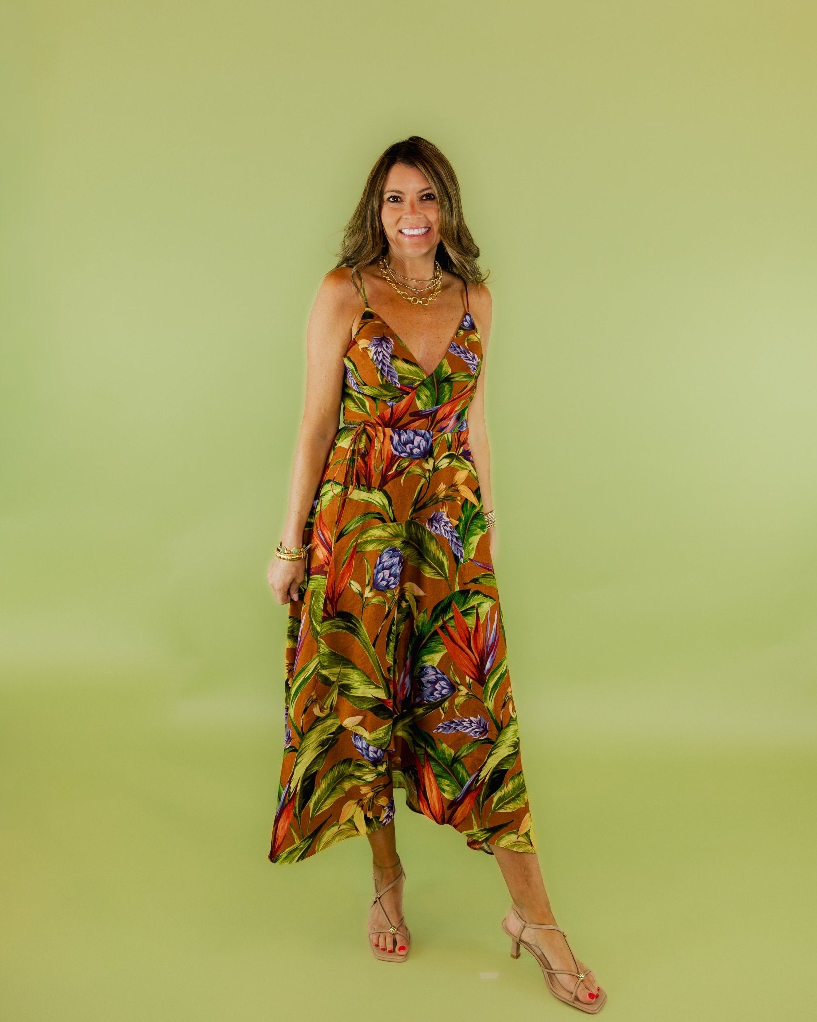 Florart Brown Midi Wrap Dress - Olive You BoutiqueFARM227450