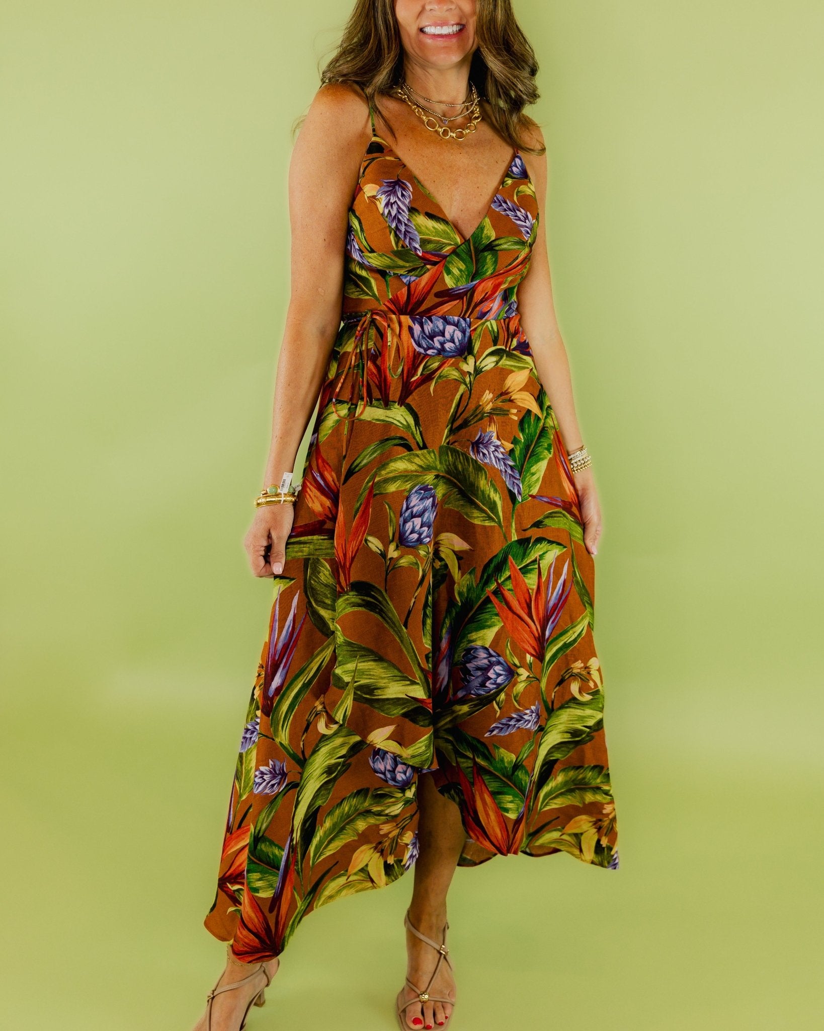 Florart Brown Midi Wrap Dress - Olive You BoutiqueFARM227450