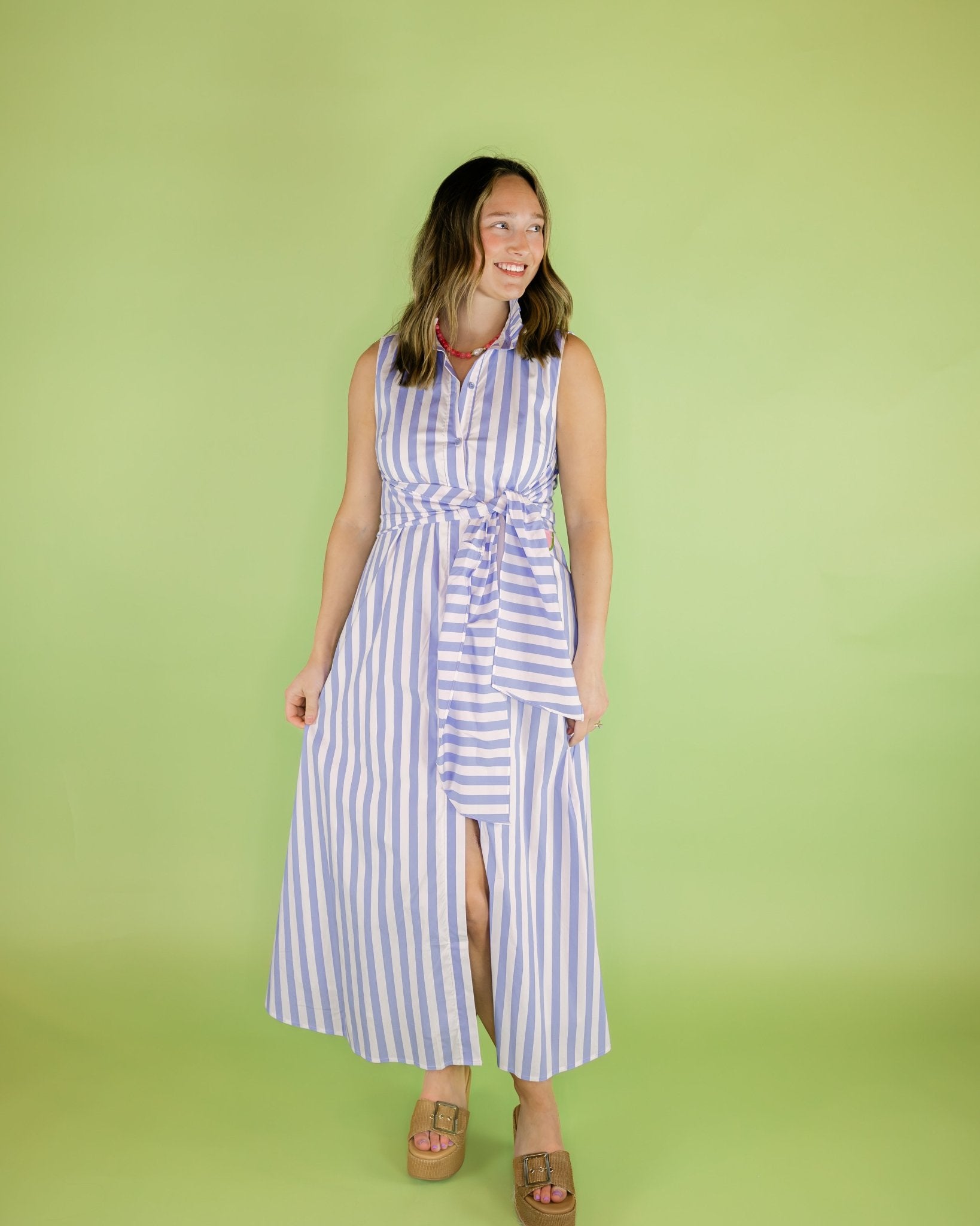 Bow Wrap Midi Stripe Dress - Olive You BoutiqueJADE229962
