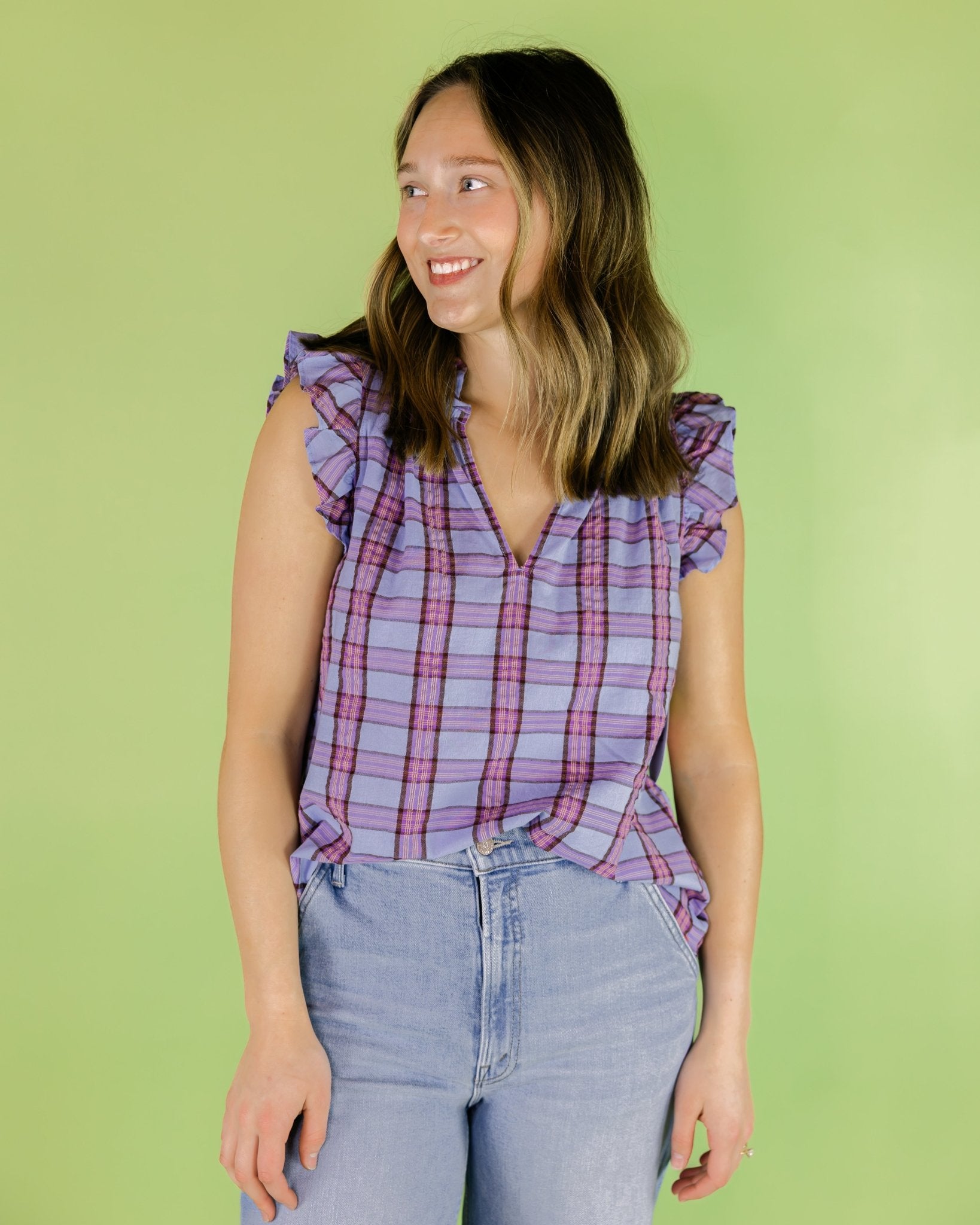 Bex Ruffle Sleeveless Plaid Blouse - Olive You BoutiqueXIRENA229298