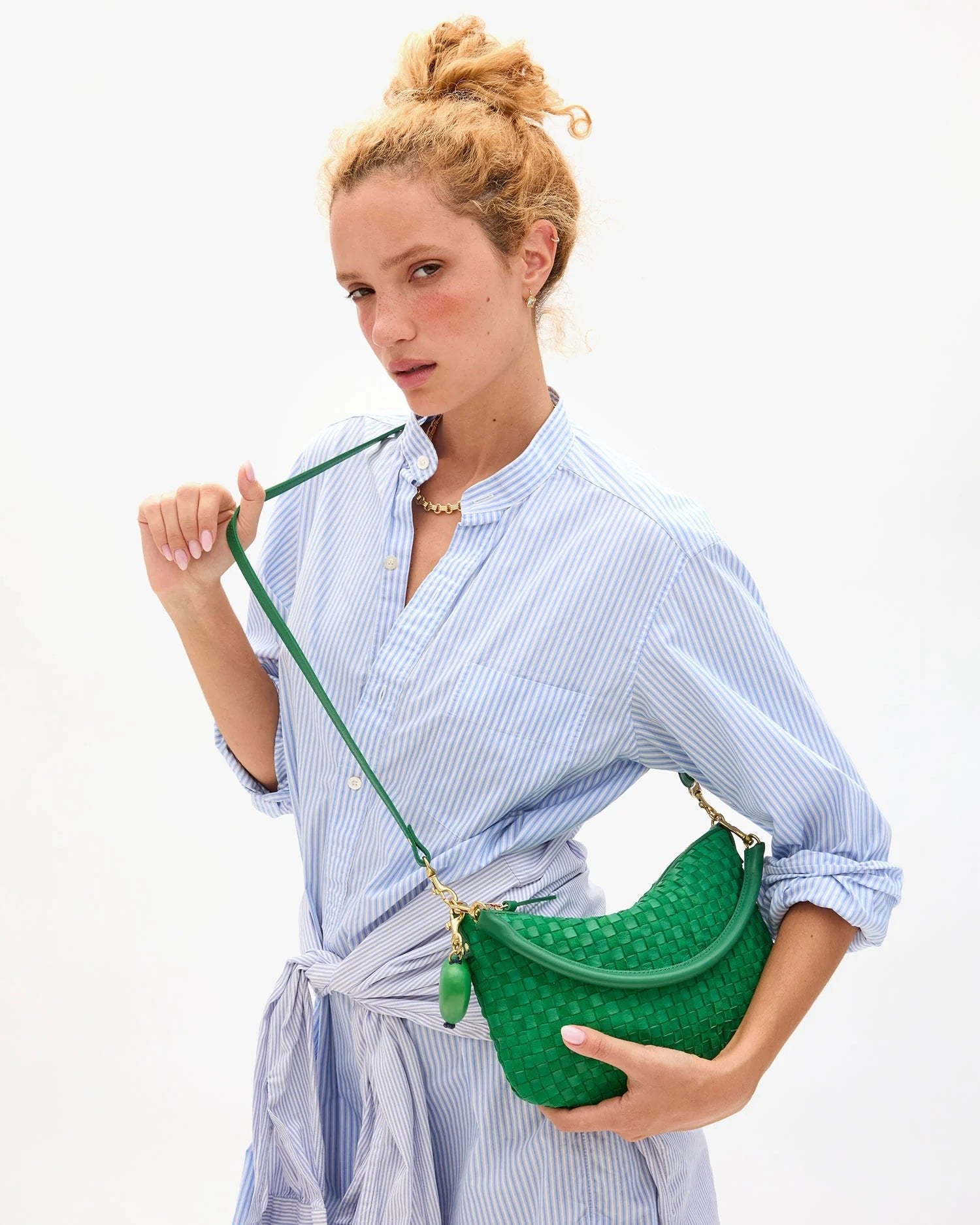 Petit Moyen Messenger Leather/Suede Woven Check - Grass - Olive You BoutiqueClare V.227261CVH1000373
