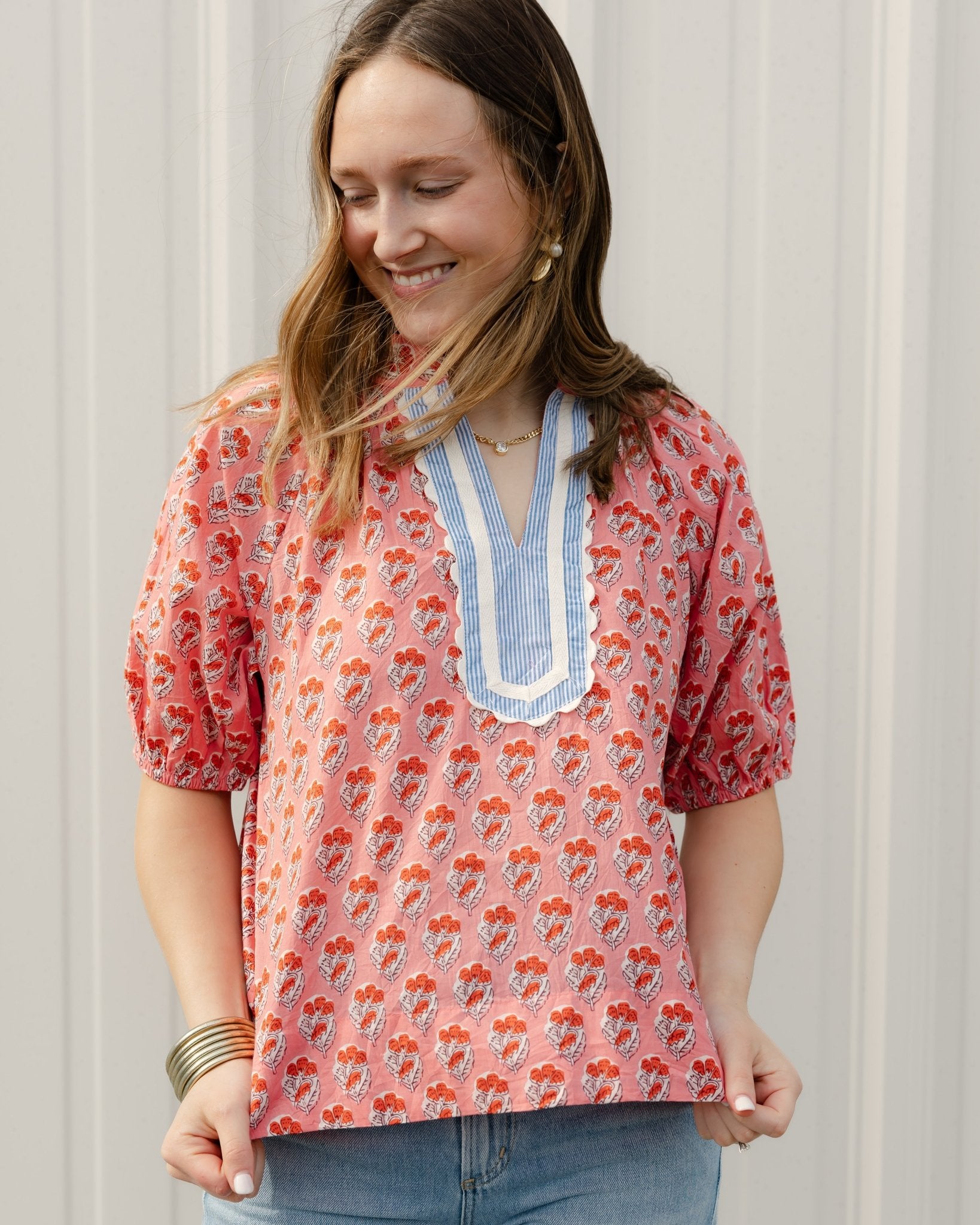 Coral Garden Popover Blouse - Olive You BoutiqueTHML232528SRT1988-1